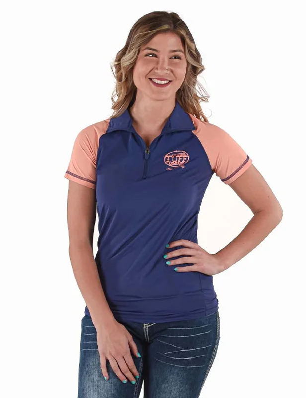 Easygoing Fashion Cowgirl Tuff Womens Quarter Zip Cooling UPF Indigo/Coral Nylon S/S T-Shirt