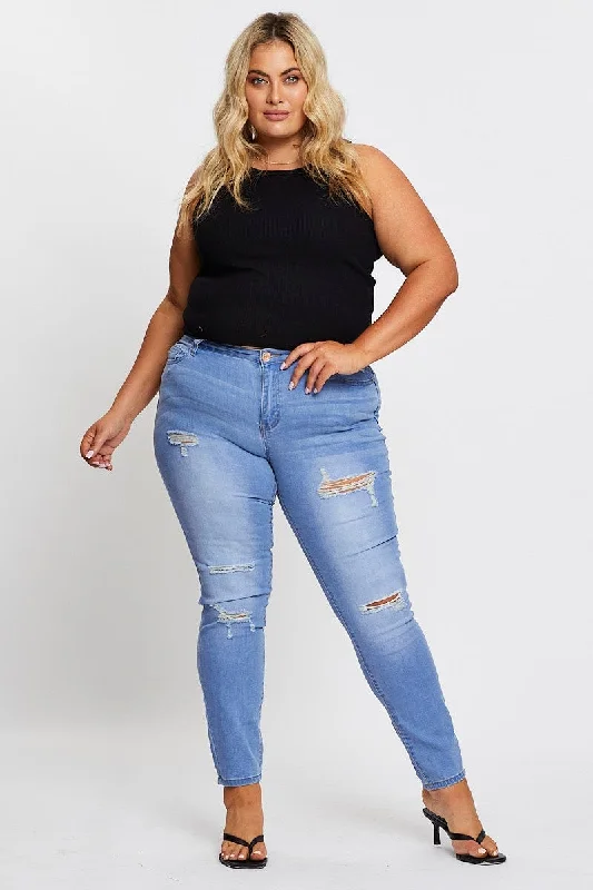 Simple Chic Blue Denim Jean Mid Rise Ripped Skinny