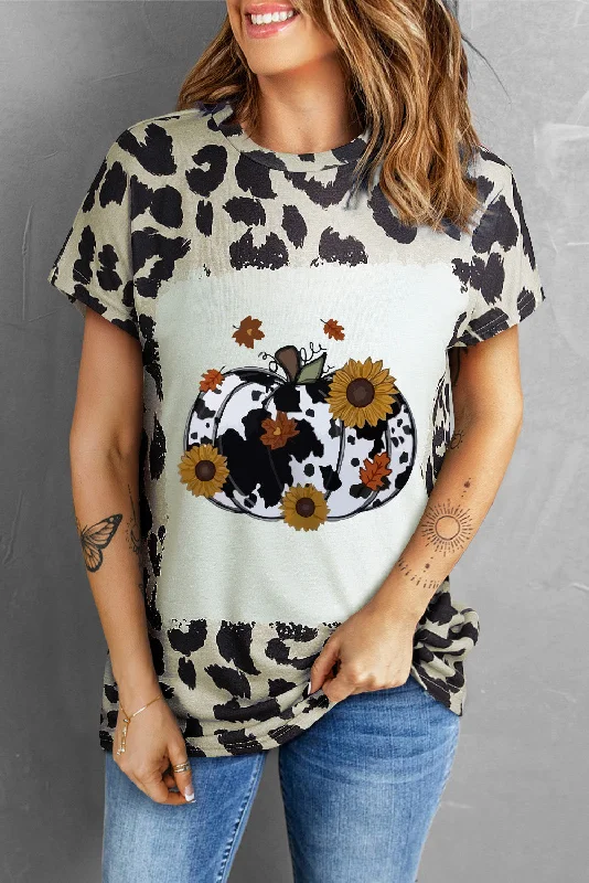 Relaxed Fashion Leopard Print Round Neck Pumpkin Graphic Tee