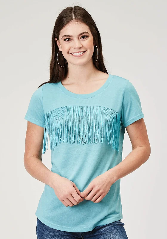 Light Fit Roper Womens Matching Fringe Light Blue Poly/Cotton S/S T-Shirt