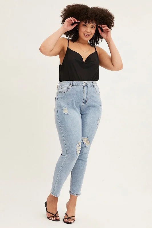 Relaxed Tops Blue High Rise Knee Slash Skinny Denim Jean