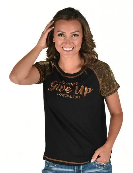Easy Comfort Style Cowgirl Tuff Womens Never Give Up Shimmer Copper Nylon S/S T-Shirt