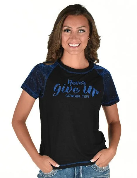 Cozy Lounge Wear Cowgirl Tuff Womens Never Give Up Shimmer Blue Nylon S/S T-Shirt