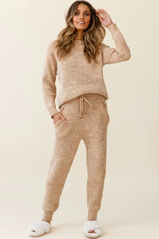 Soft Fabric Looks Robin Cuffed Hem Drawstring Ribbed Knit Pants Tan