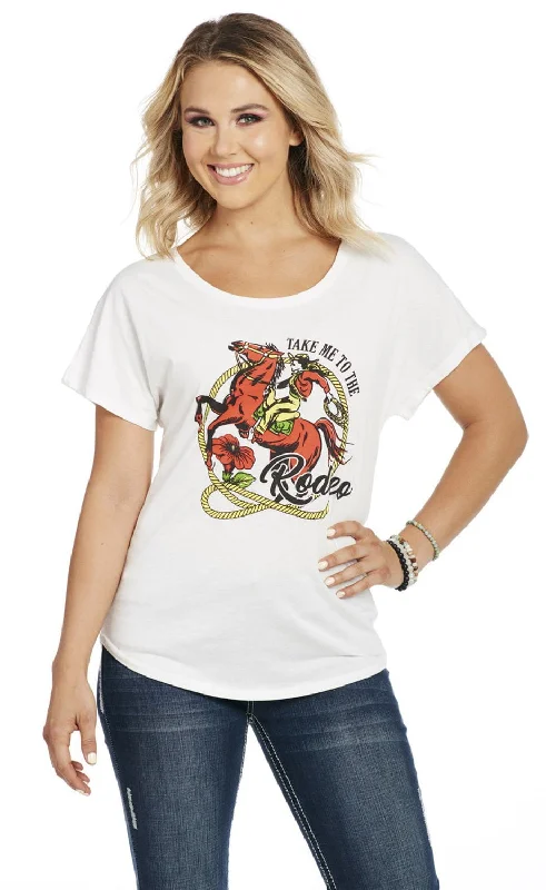 Relaxed Tops Cowgirl Up Womens Take Me To The Rodeo White 100% Cotton S/S T-Shirt