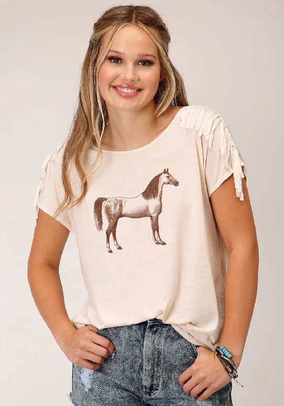 Weekend Comfort Roper Womens Brown Horse Cream Poly/Rayon S/S T-Shirt