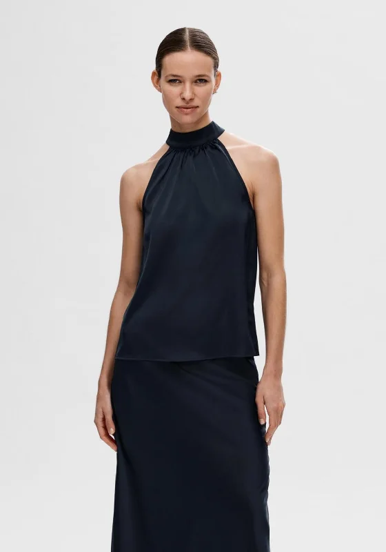 Comfortable Fitwear Selected Femme Lena Halterneck Top, Dark Sapphire