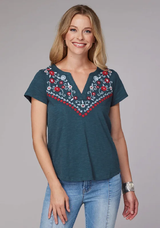 Cozy Chic Wear Roper Womens Curved Floral Split V Blue 100% Cotton S/S T-Shirt