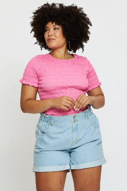 Cozy Street Style Mid Blue High Rise 2 Buttons Paperbag Denim Shorts