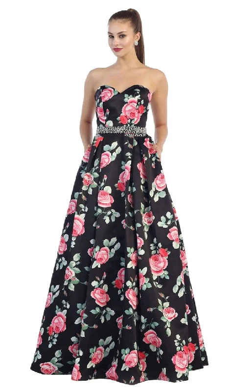 Relaxed Fit Wear May Queen RQ7425 Strapless with Rhinestone Waistband Floral Print Ball Gown - 1 pc Black/Print In Size 12 Available