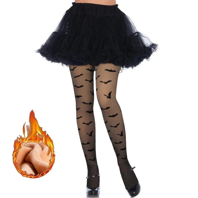 Chic Comfort Wear Translucent Fleece Lined Tights for Women - Bat
