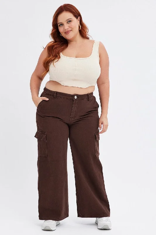 Cozy Fashion Brown Cargo Denim Jeans Mid Rise