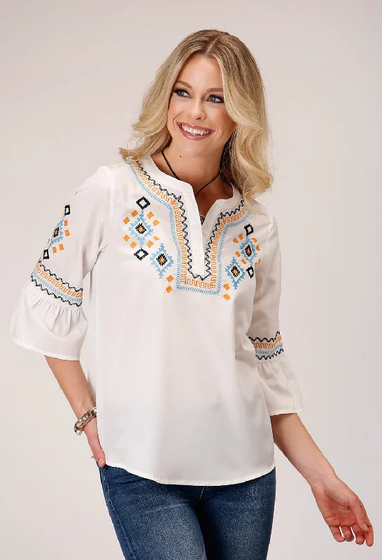 Relaxed Looks Roper Womens Crepe Bell Sleeve Cream 100% Polyester S/S Blouse
