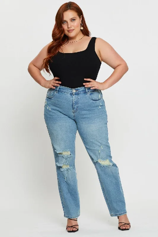 Comfortable Tops Blue Denim Jean High Rise Distressed Boyfriend