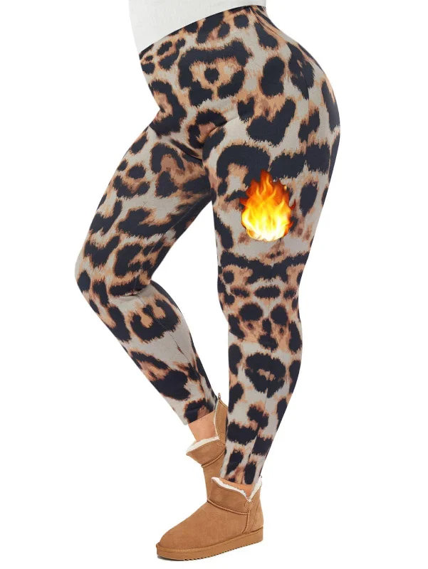 Breathable Style Plus Size Fleece Lined Leggings Women - Brown Leopard