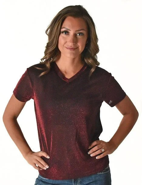 Relaxed Tops Cowgirl Tuff Womens Shimmer Breathe V Dark Red Nylon S/S T-Shirt