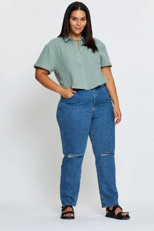 Elegant Casuals Blue Jean High Rise Slash Knee Boyfriend