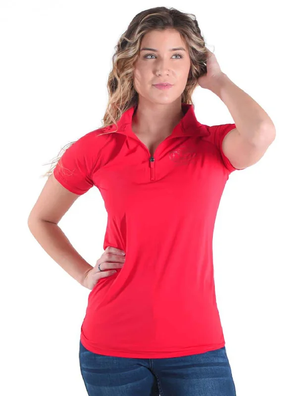 Comfy Pants Cowgirl Tuff Womens Cooling UPF 1/4 Zip Bright Red Nylon S/S T-Shirt