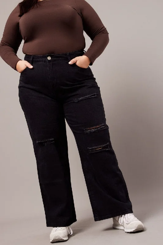 Cozy Essentials Wear Black Baggy Jeans High Rise Knee Distress