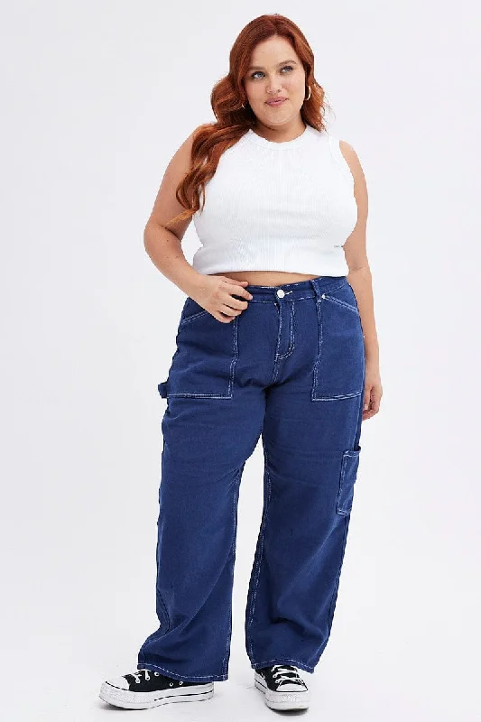 Casual Comfort Wear Blue Cargo Jeans Out Pocket