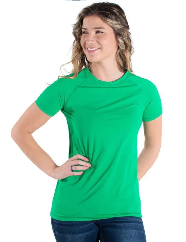 Relaxed Chic Cowgirl Tuff Womens Cooling UPF Baseball Money Green Nylon S/S T-Shirt