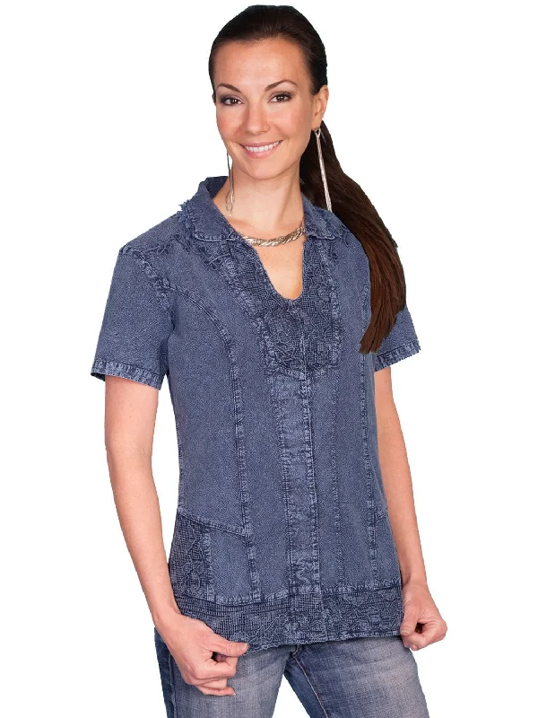 Soft Tops Scully Womens Soutache Embroidery Dark Blue 100% Cotton S/S Blouse