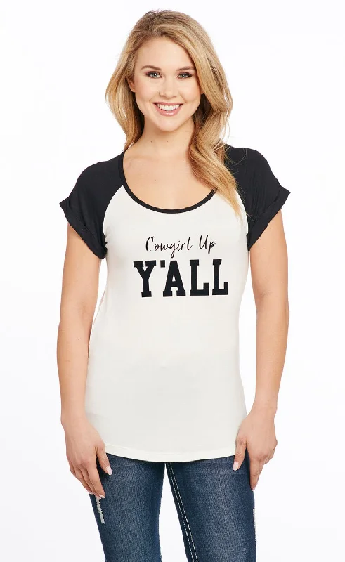 Sporty Comfort Cowgirl Up Womens Yall Flocked White Rayon S/S T-Shirt