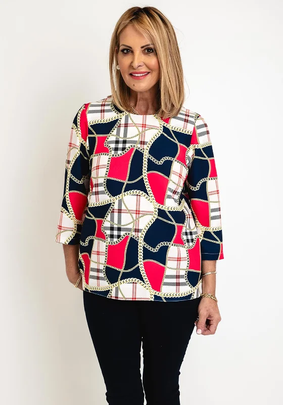 Comfortable Fashion Looks Avalon Chain Print Short Sleeve Top, Red & Navy