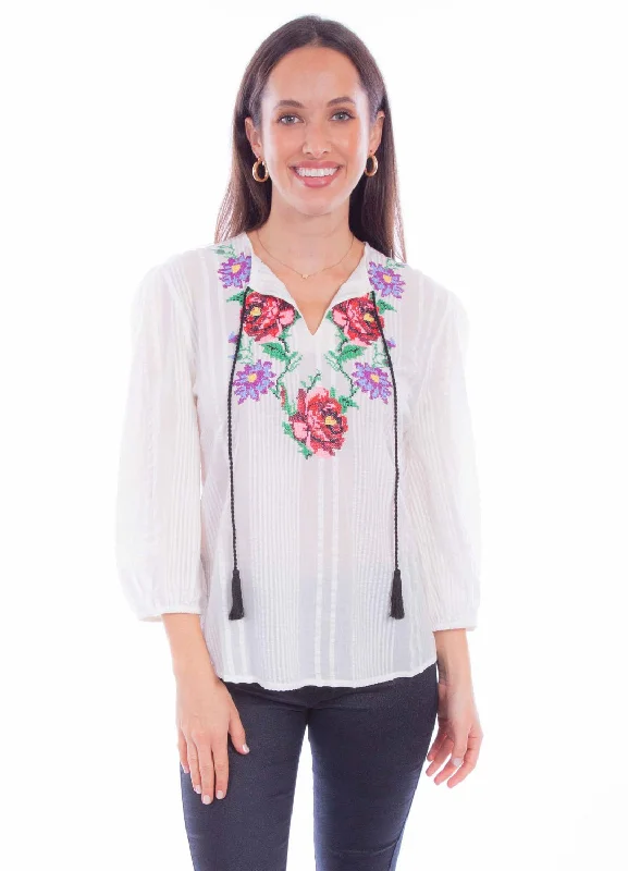 Elegant Wear Scully Womens Tonal Texture White 100% Cotton 3/4 Sleeve S/S Blouse