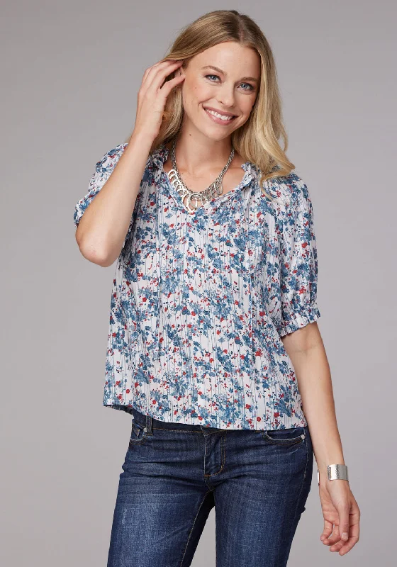 Soft Layers Roper Womens 2074 Ditzy Floral White 100% Rayon S/S Blouse