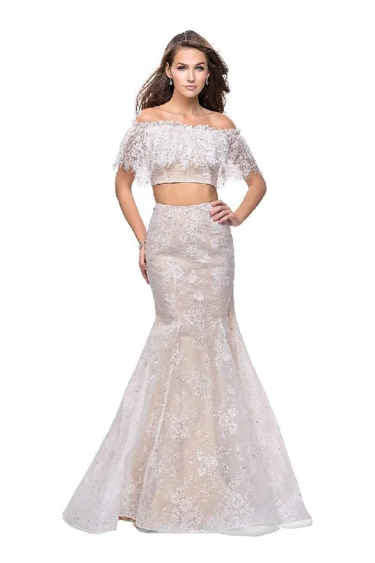 Cozy Lounge Wear La Femme - 25417 Two Piece Ruffled Off-Shoulder Lace Mermaid Dress Cozy Lounge Wear La Femme - 25417 Two Piece Ruffled Off-Shoulder Lace Mermaid Dress