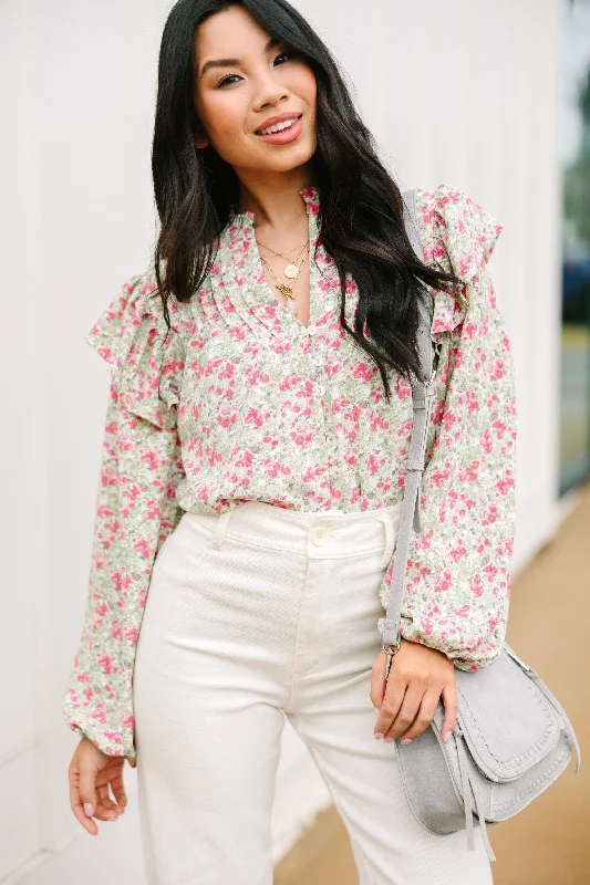 Comfortable Sweaters Just Getting Started Olive Green Floral Blouse