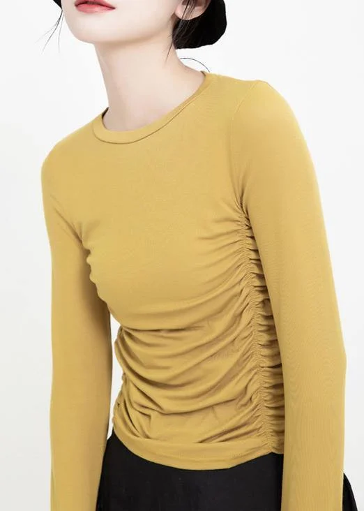 Comfy Layers Elegant yellow cotton clothes Cinched wild o neck pullover