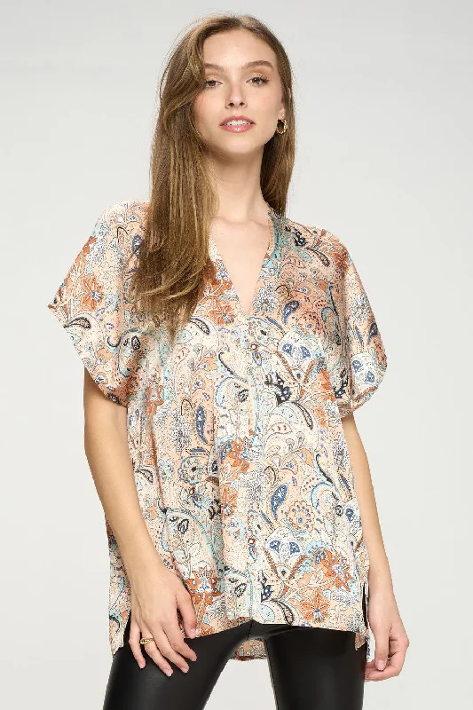 Light Layers Satin Paisley Double V Shift Top