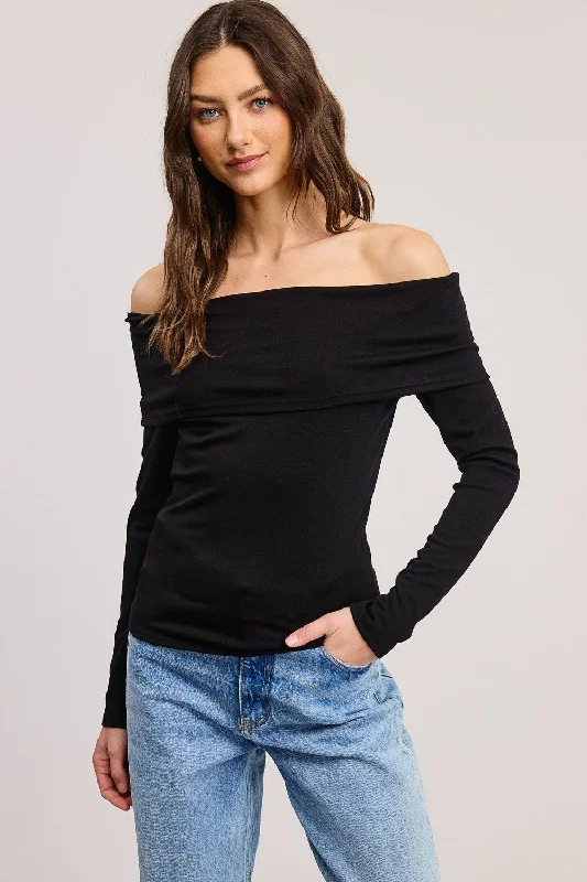 Cozy Lounge Wear Black Off Shoulder Foldover Long Sleeve Top