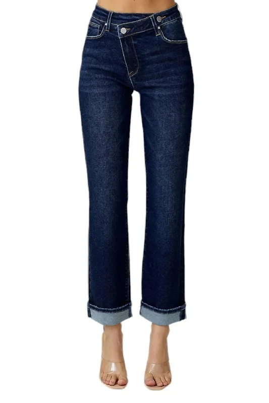 Relaxed Clothing High Rise Straight Leg With Cross Over Waistband In Dark Denim