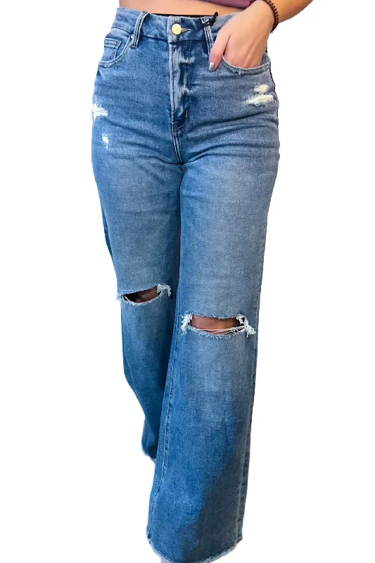 Relaxed Weekend Wear Becca Wide Leg Distressed Denim Jean In Blue
