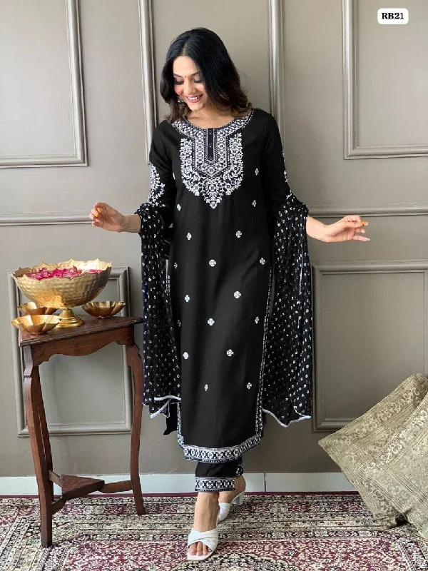 Soft Feel Black Heavy Rayon Straight Mirror Work Kurti with Dupatta and Pant