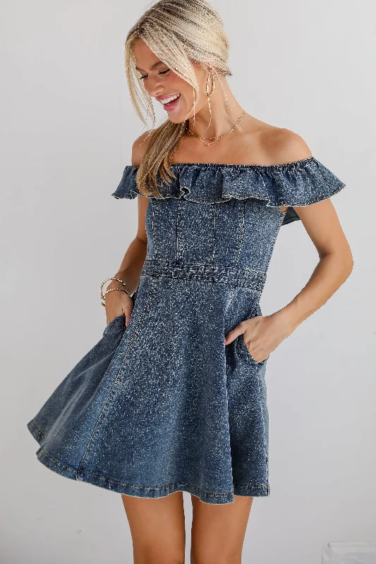 Comfortable Chic FINAL SALE - Confidently Coveted Denim Off-The-Shoulder Mini Dress