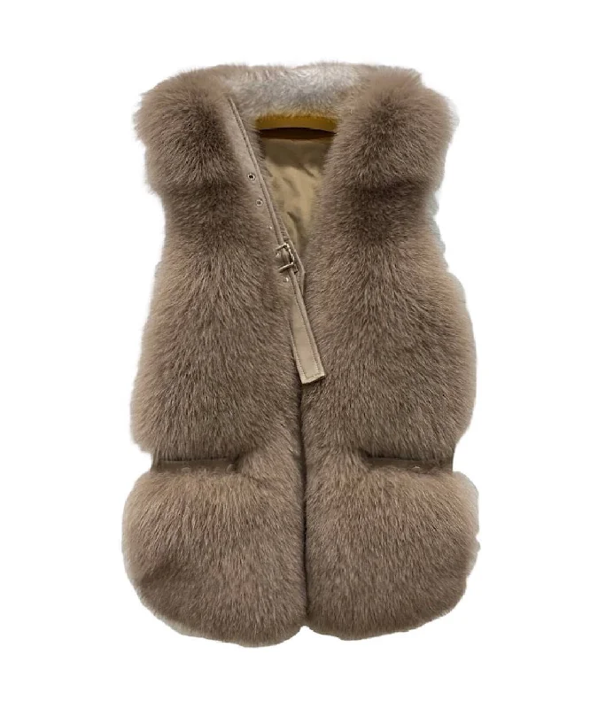 Soft Knitwear Genuine Striped Paneled Fox Fur Vest Gilet In Brown
