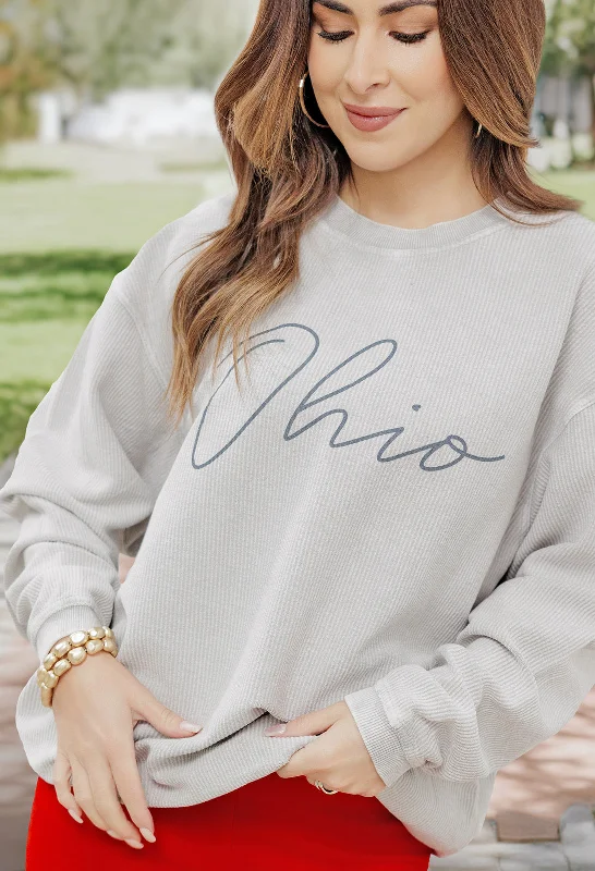 Relaxed Chic Ohio Grey Cursive Ribbed Graphic Crewneck