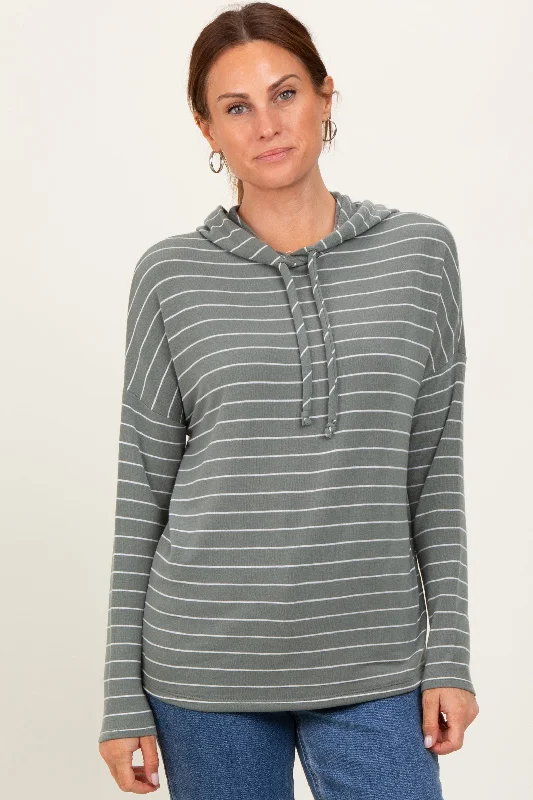 Comfy Dress Olive Striped Drawstring Hoodie Top