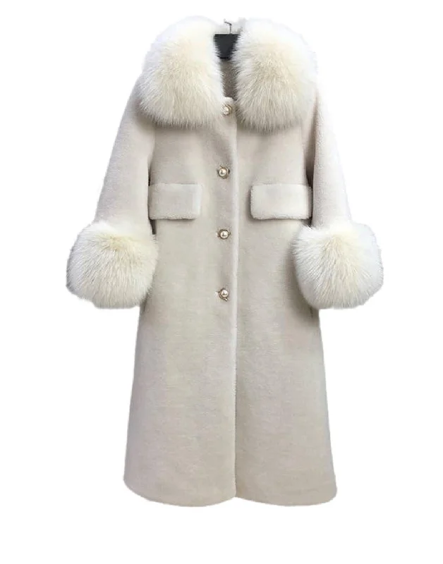 Relaxed Fits Loose Wool Coat With Fur And Pearl Trims