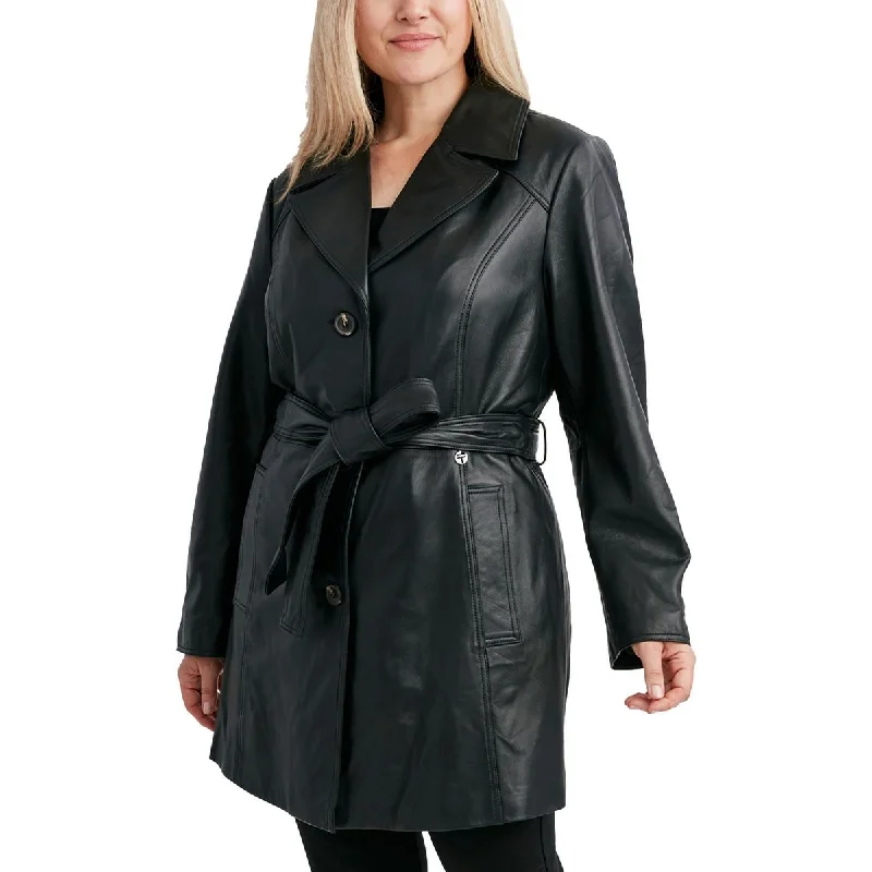 Casual Fit Tahari Womens Plus Collar Leather Trench Coat