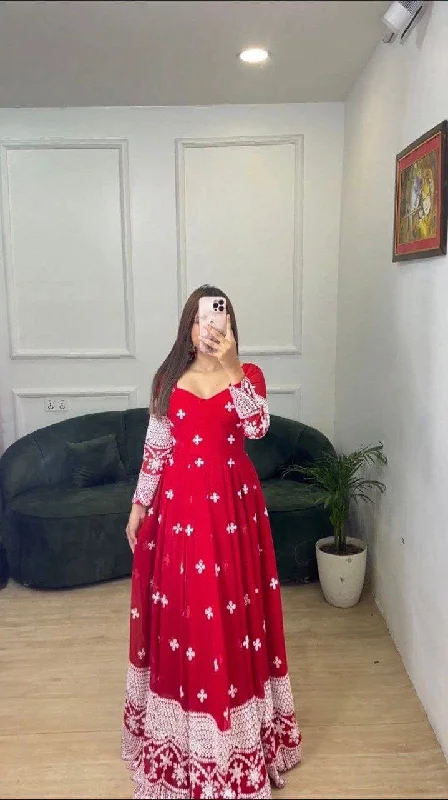 Comfy Dress White Thread Embroidered Party Wear Faux Georgette Designer Anarkali Suit in 2 colors