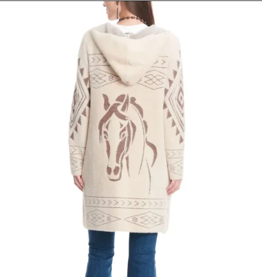 Soft Trends Fanny Cream Aztec &  Horse Head Long Sweater Cardigan
