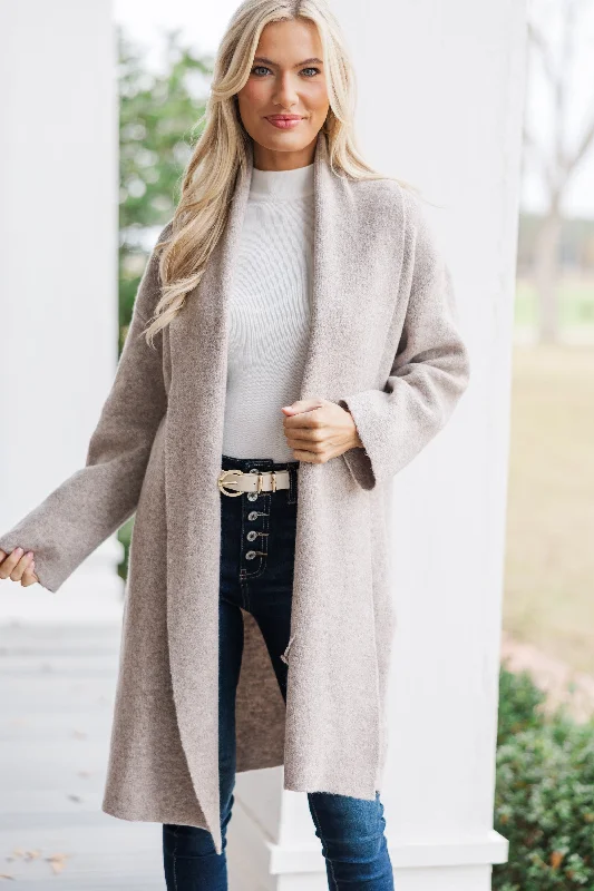 Cozy Apparel On Your Way Taupe Long Cardigan