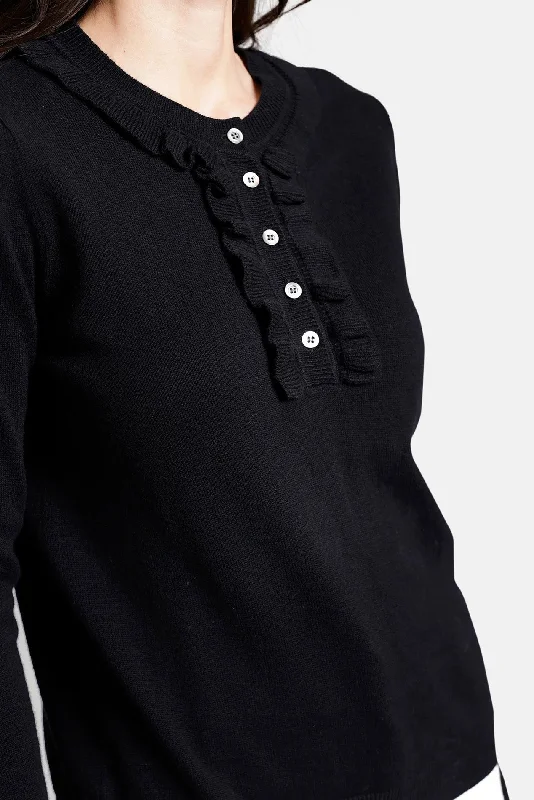 Relaxed Tops Cotton Cashmere Henley with Ruffles Black