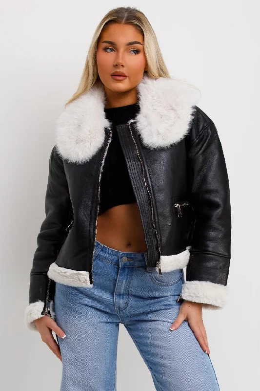 Cozy Apparel Crop Aviator Jacket With Fur Collar Black