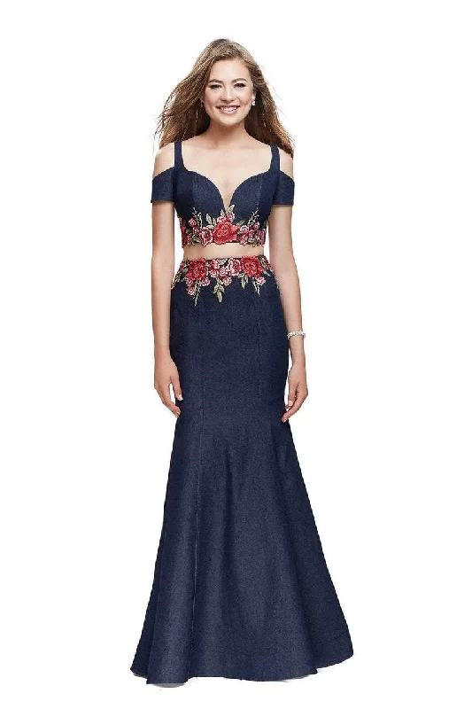Everyday Outfits La Femme - 25848 Cold Shoulder Floral Two Piece Denim Gown